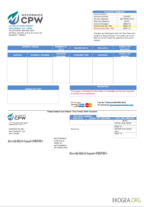 Modèle de facture de services publics commerciaux USA CPW aux formats Word et PDF